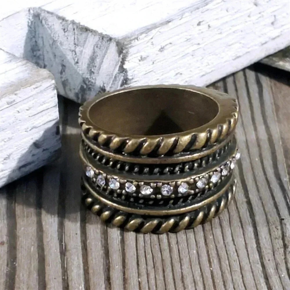 Art Deco Austrian Crystal Geometric Carved Antiqued Bronze Metal Ring US Size 8